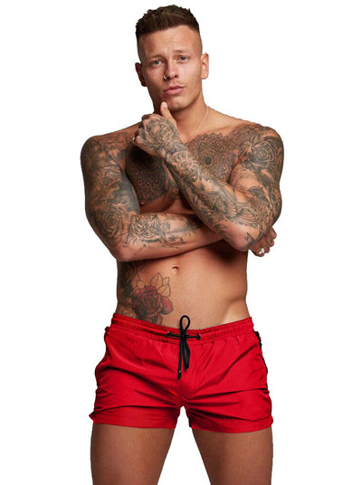 TONLEN Mens Swimwear Sports Shorts Swim Trunks with Zipper Pockets (US Alpha Small Regular Regular Bright Red)