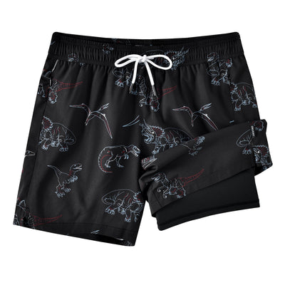 CKIVTNO Mens 5.5 inch Dinosaur Printed Hawaiian Short Swim Trunks Compression Liner Quick Dry Summer Swimwear Bathing Suits Boardshorts Beach Wear