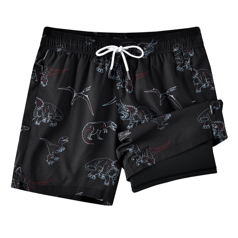 CKIVTNO Mens 5.5 inch Dinosaur Printed Hawaiian Short Swim Trunks Compression Liner Quick Dry Summer Swimwear Bathing Suits Boardshorts Beach Wear